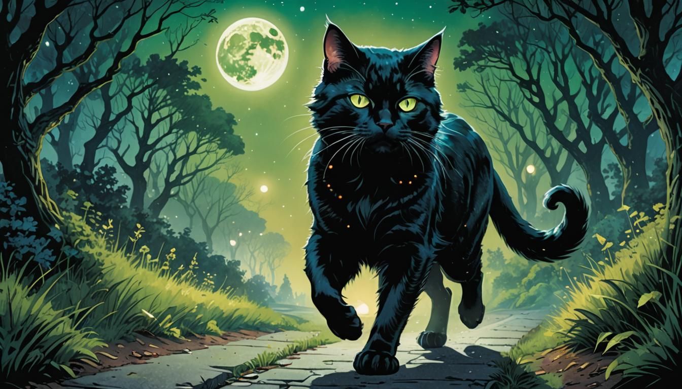 Mystical Black Cat Under Moonlight in Comic Book Style