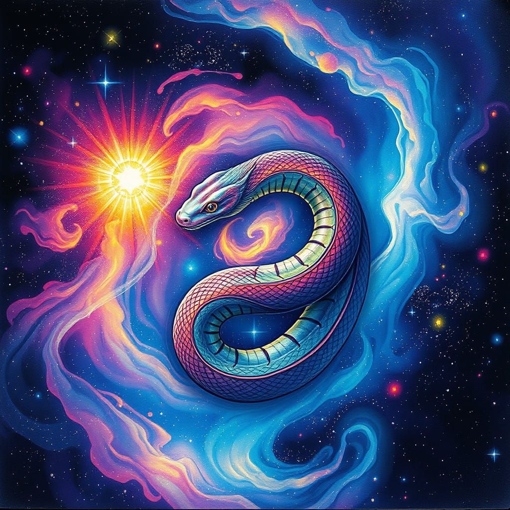 Iridescent Cosmic Snake in Vibrant Astral Landscape