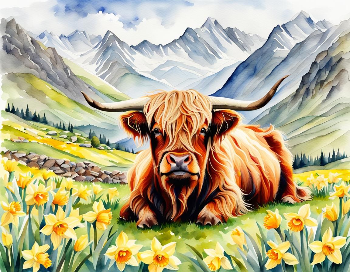 Watercolor Highland Cow in Daffodil Field