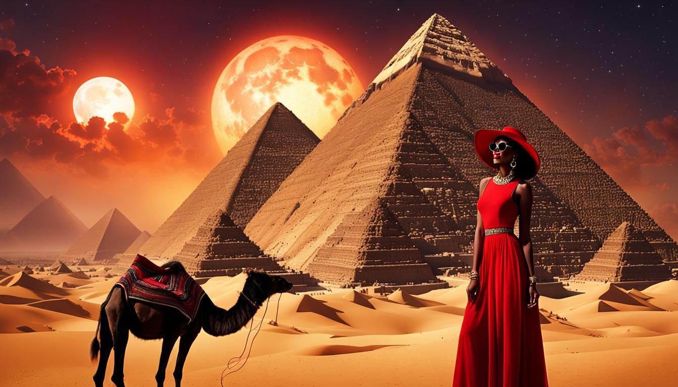 Egyptian Pyramids: Woman in Red Dress, Digital Art