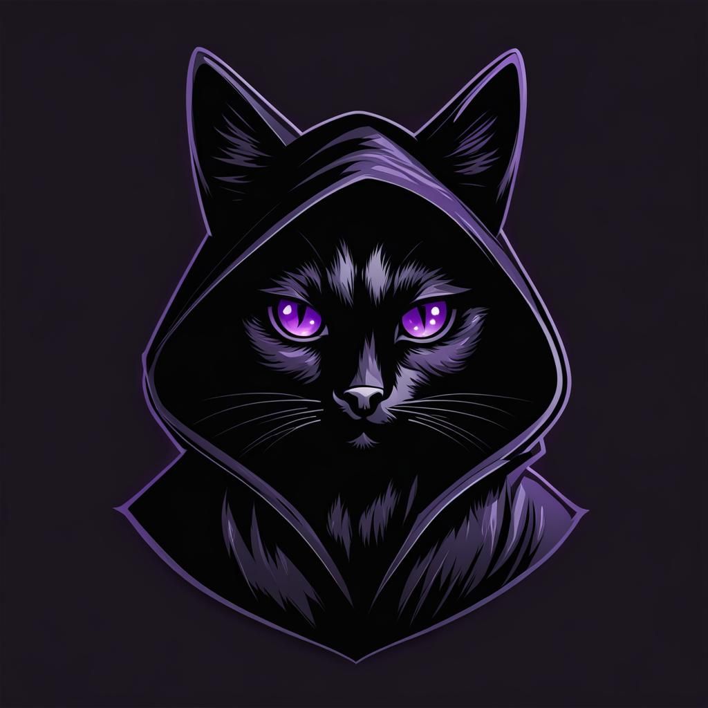 Hooded Black Cat Logo with Purple Accents