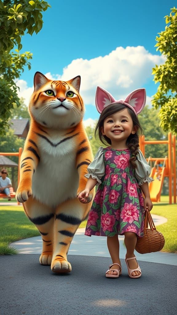 Whimsical Girl and Giant Cat Stroll Through Fantasy Playgrou...