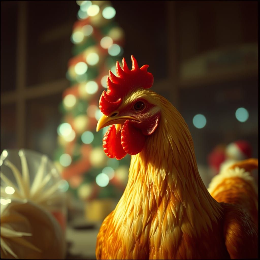 Epic Christmas Chicken Film Still in Cinematic Style