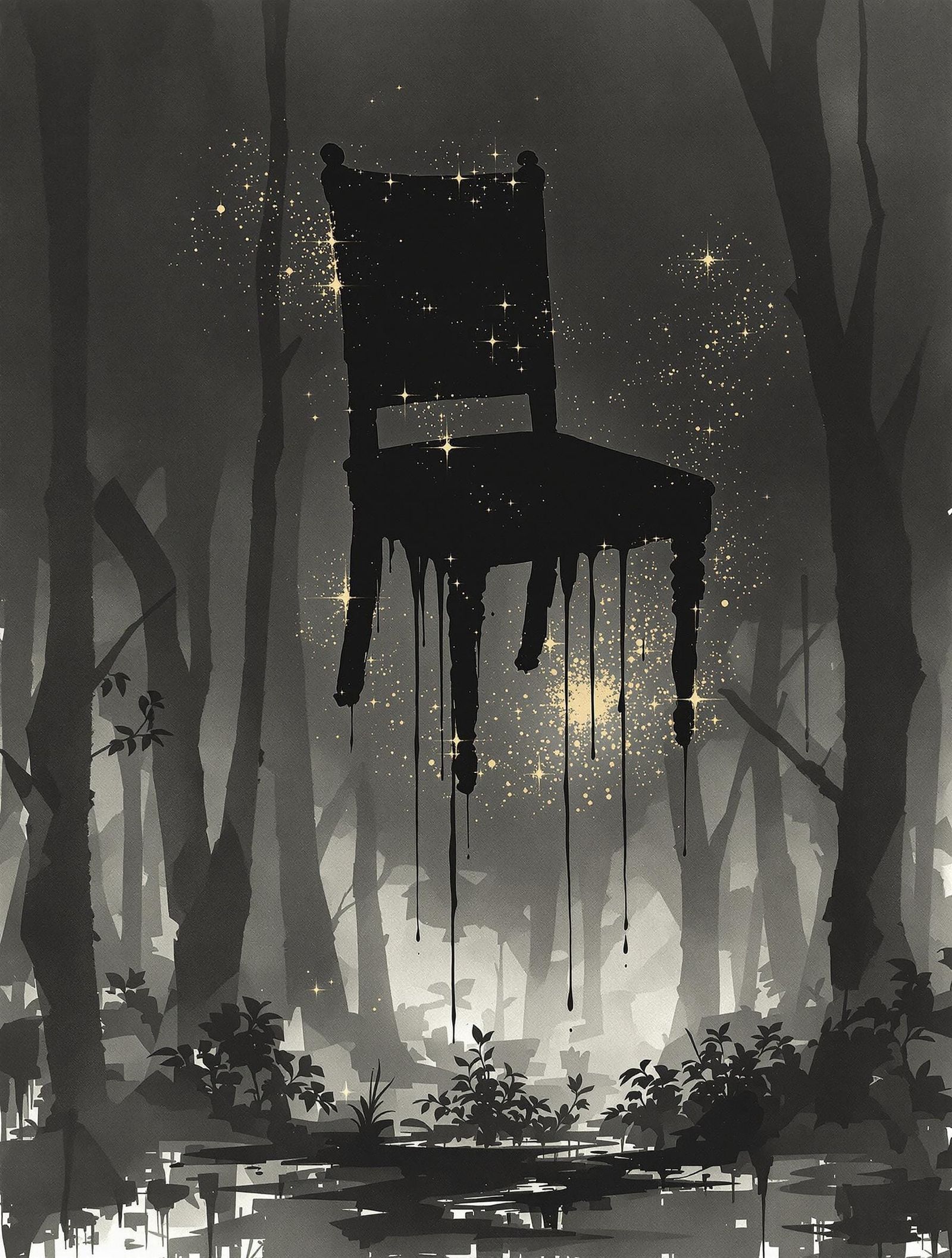 Chair Levitates Above Woodland in Ink Wash and Shadows