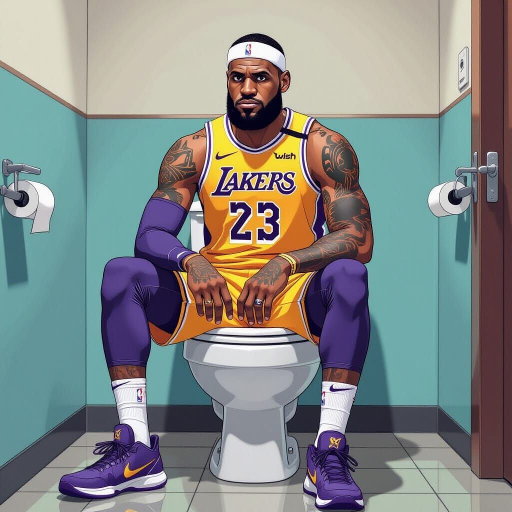 Humorous Cartoon of Lebron James on Toilet
