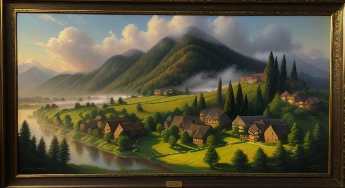 Idyllic Mountain Village in Oil Painting