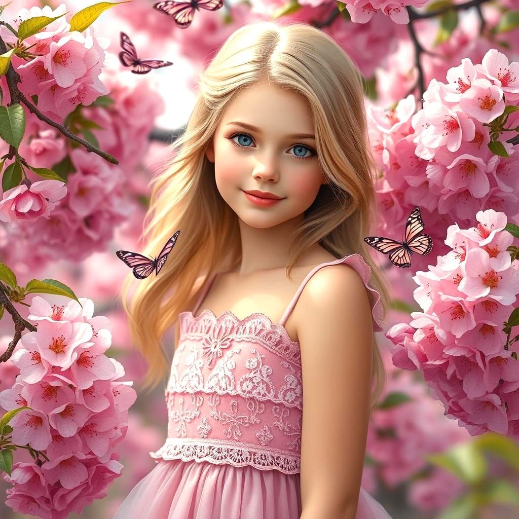 Cherry Blossoms, Girl and Butterflies in 3D Style
