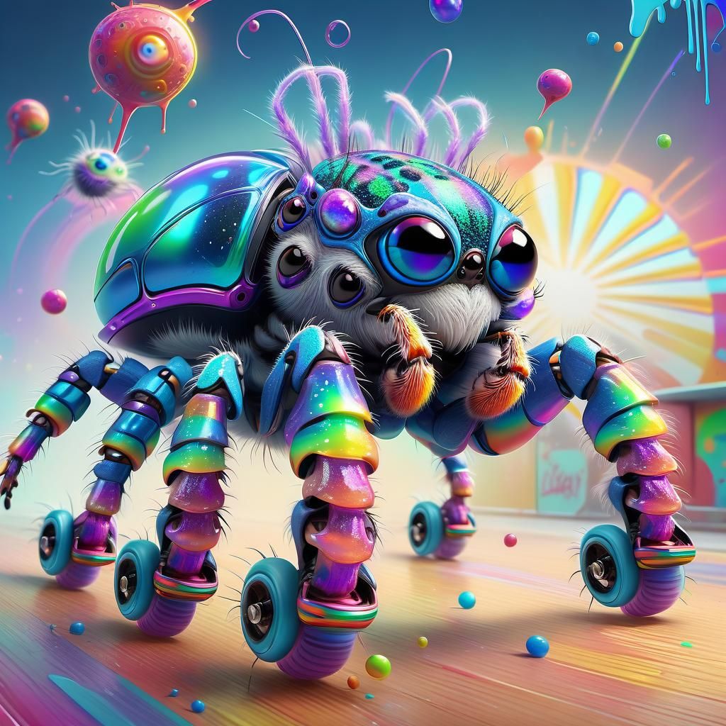 Rainbow Spider on Roller Skates in Pixar Style