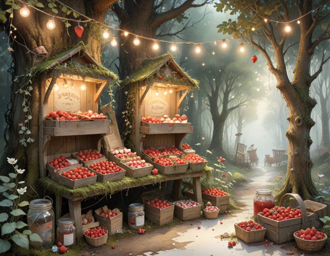 Enchanted Forest Farmstand Run by Raccoons, Storybook Style