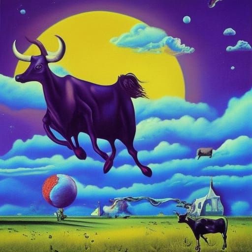 Cow Leaping Over Moon in Surrealist Style