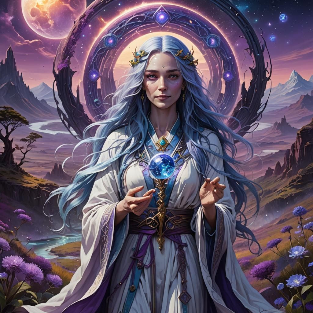 Galactic Goddess with Crystal Scepter in Fantasy Landscape