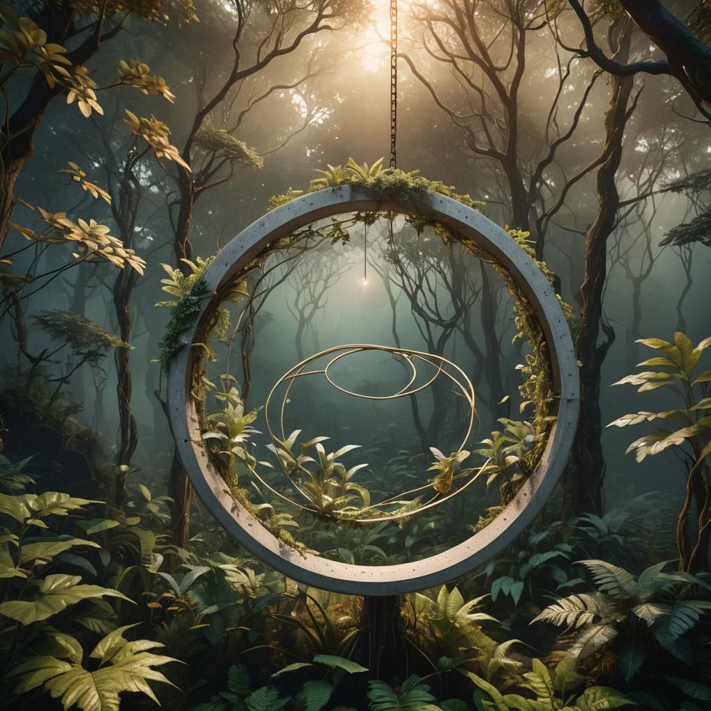 Surreal Geometric Circle with Luminous Plants and Gibbons