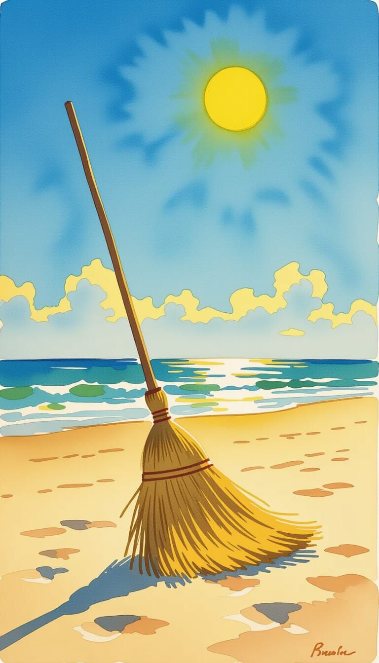 Sun-Bleached Broom on Beach in Watercolor Style