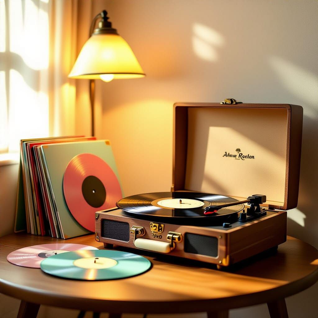 Retro Record Player on Walnut Table with Golden Light