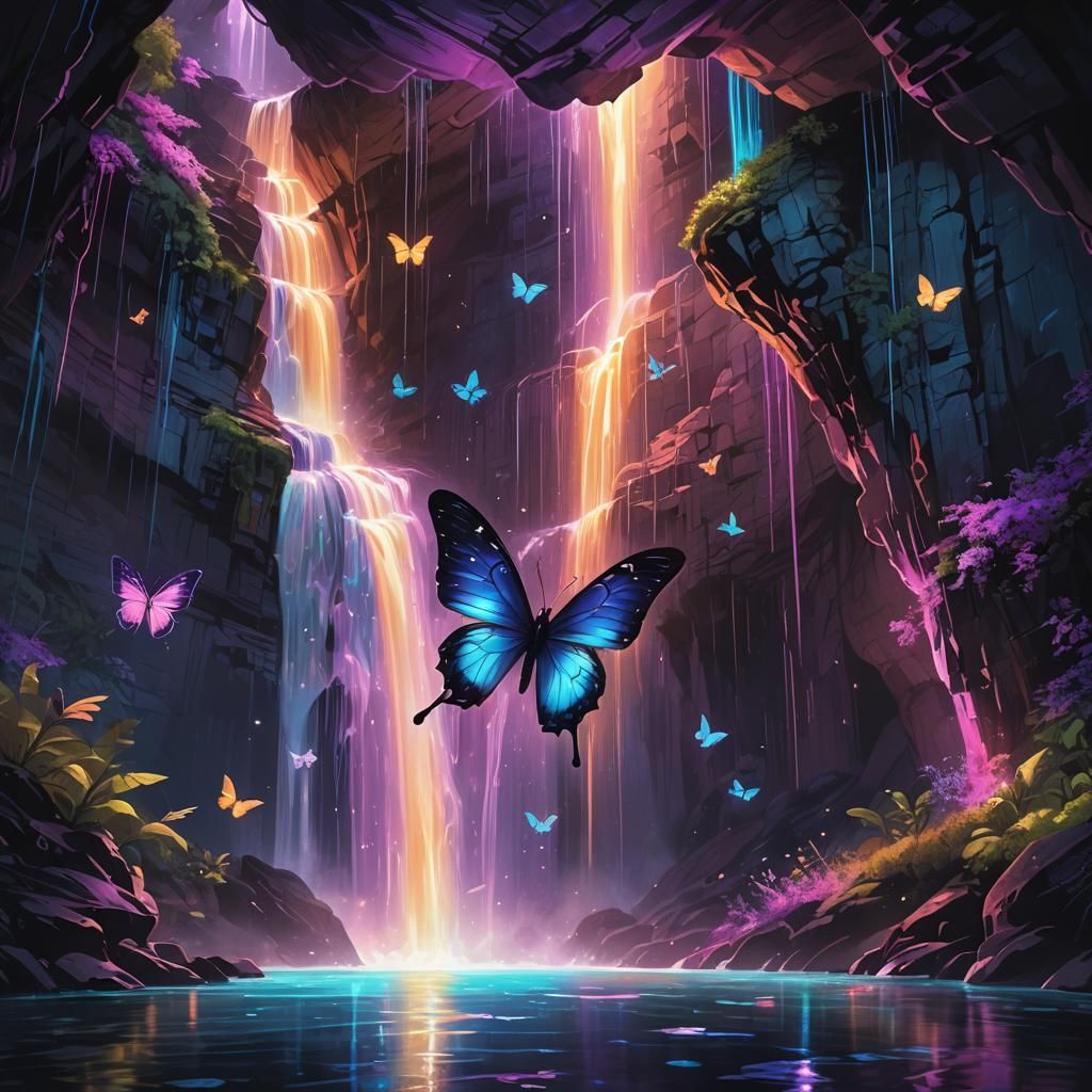 Bioluminescent Butterfly in a Magical Cave