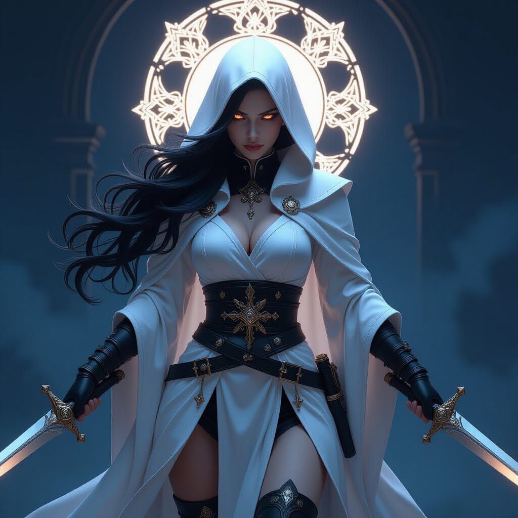 Fantasy Priestess Wielding Knives in Dynamic Light
