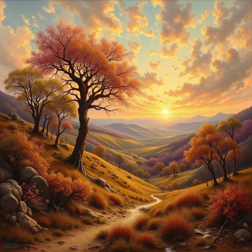 Rustic Twilight Landscape in Burnt Umber Hues