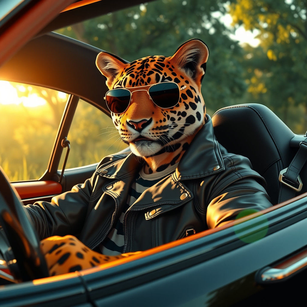 Jaguar in Car as Futuristic Illustration
