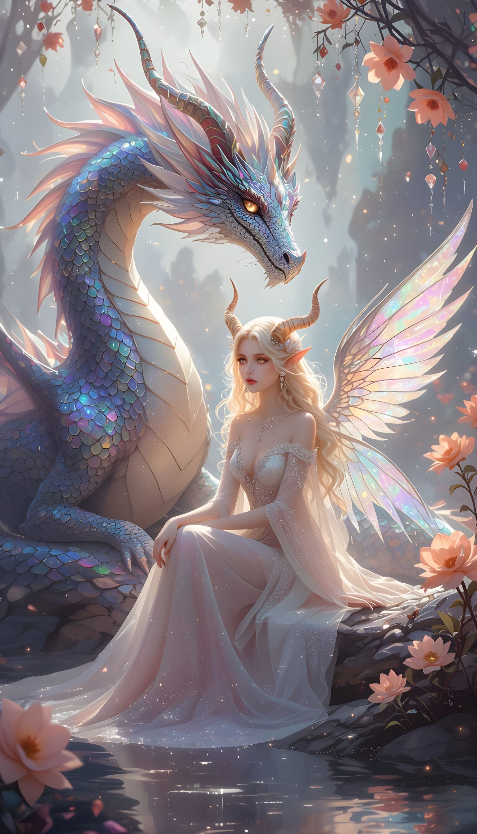 Celestial Dragon Protects Angelic Figure in Dreamlike Fantas...