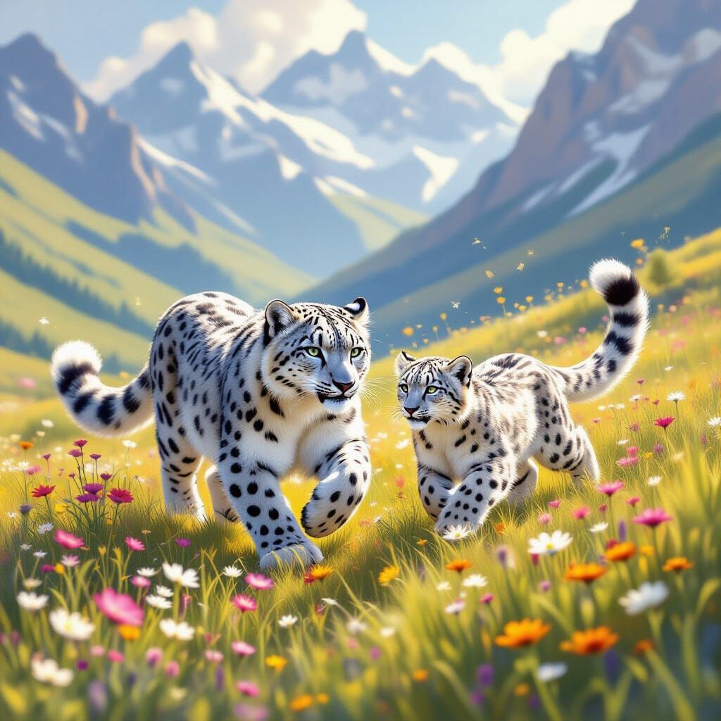 Snow Leopards Leap Through Wildflower Meadow in Mystical Lig...