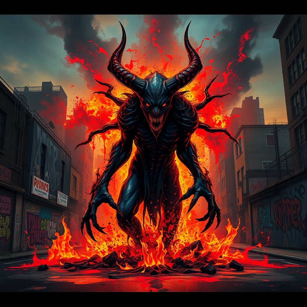 Demonic Entity Emerges from Fiery Abyss in Digital Art