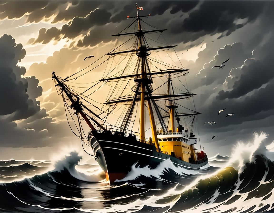 North Sea Trawler Battles Stormy Waves: Digital Art