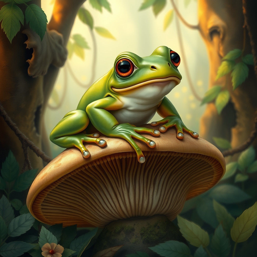 Enchanting Forest Frog on Mushroom, Fantasy Art