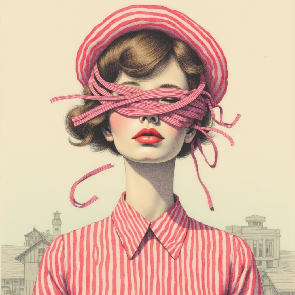 Elegant Woman with Ribbon-Obscured Face in Surreal Landscape