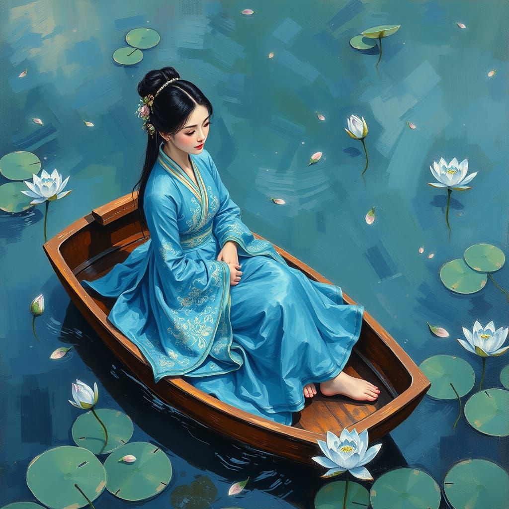 Ethereal Woman in Azure Hanfu, Drifting on a Tranquil Lake