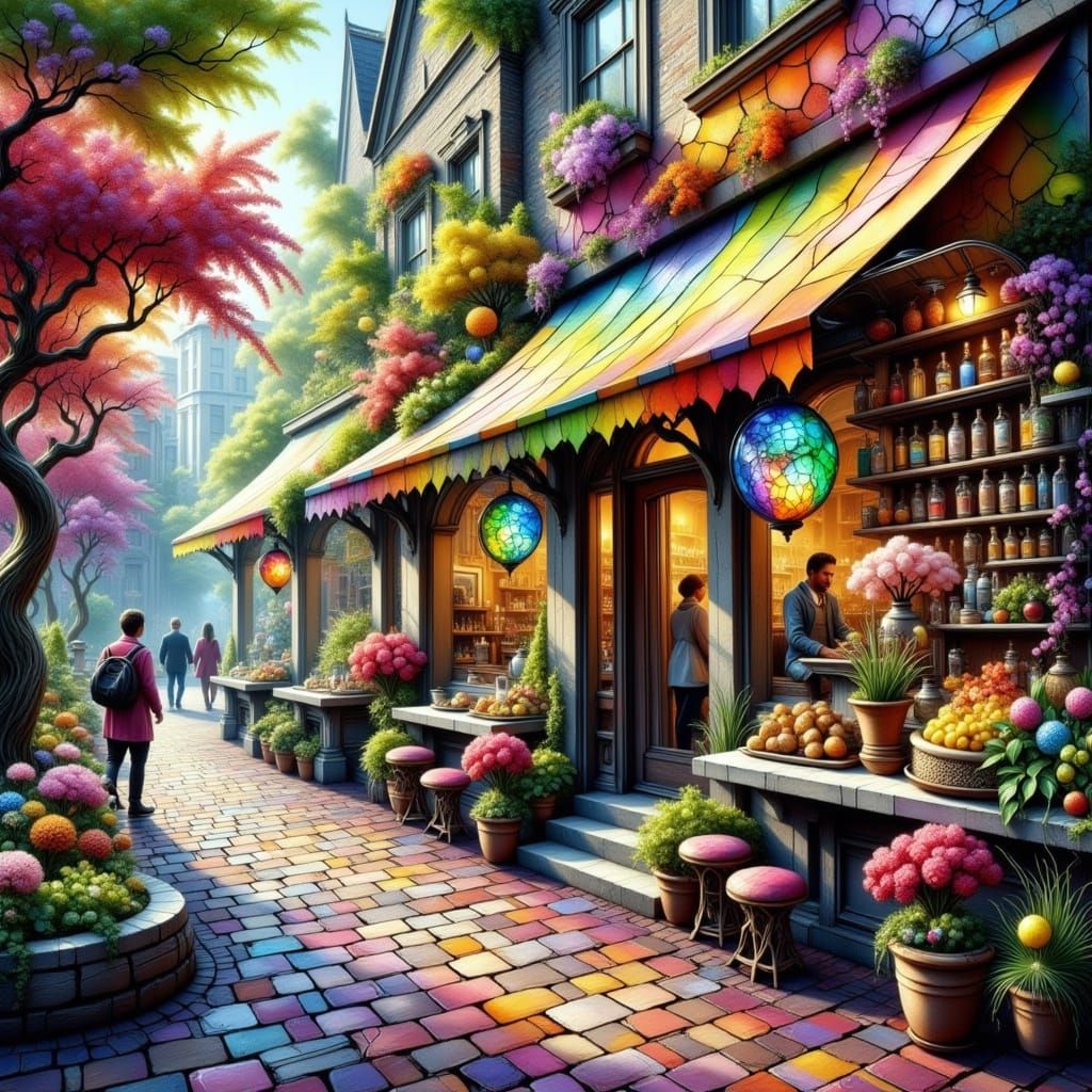 Vibrant Cafe Scene in Surrealist Style