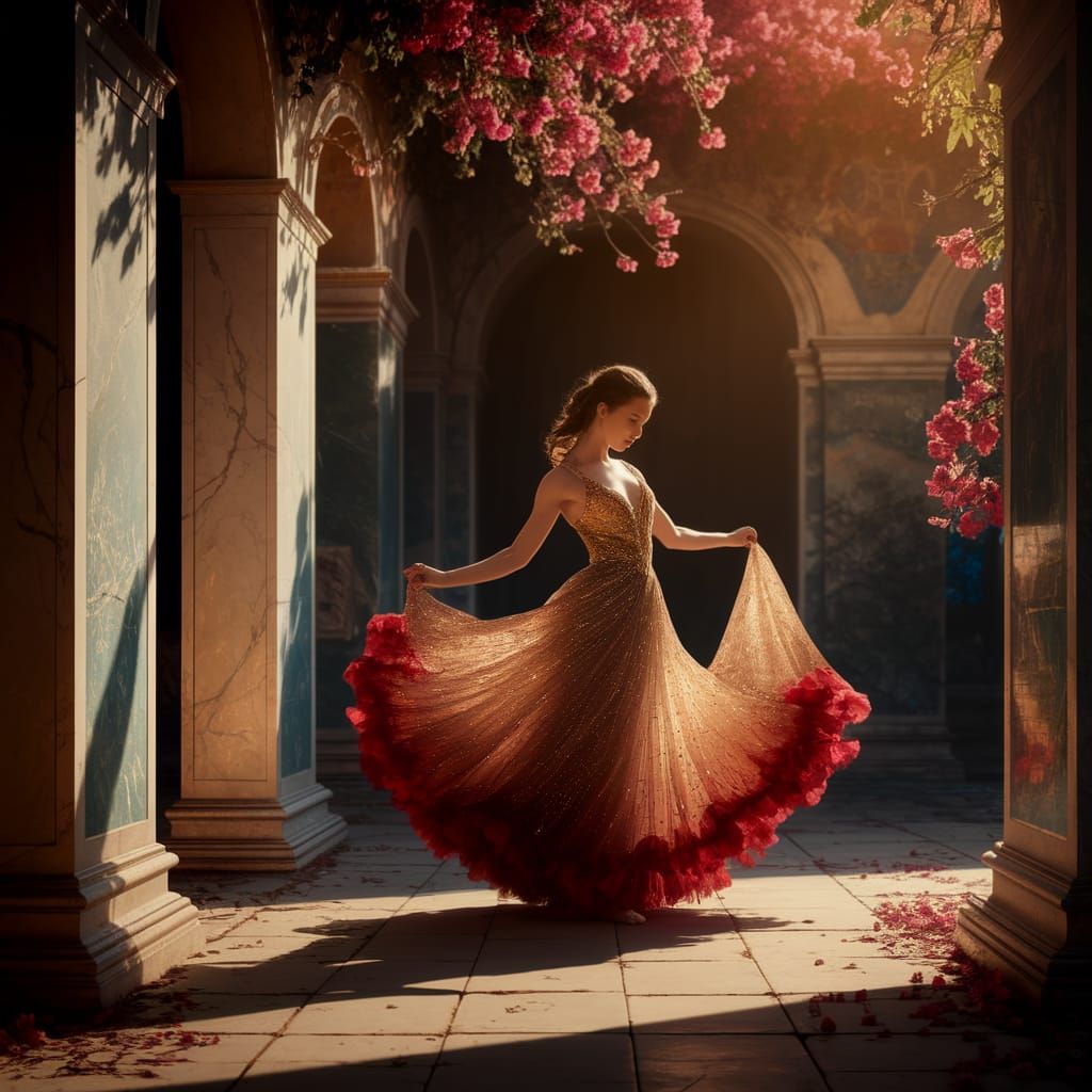 Woman Dancing in Ancient Roman Courtyard at Sunset