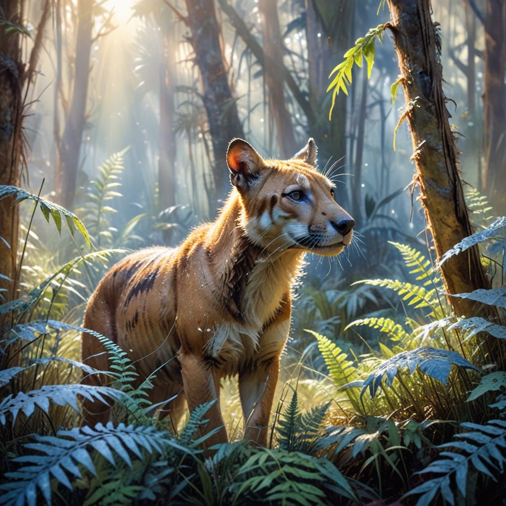 Thylacine in Rainforest Clearing: Watercolour Art