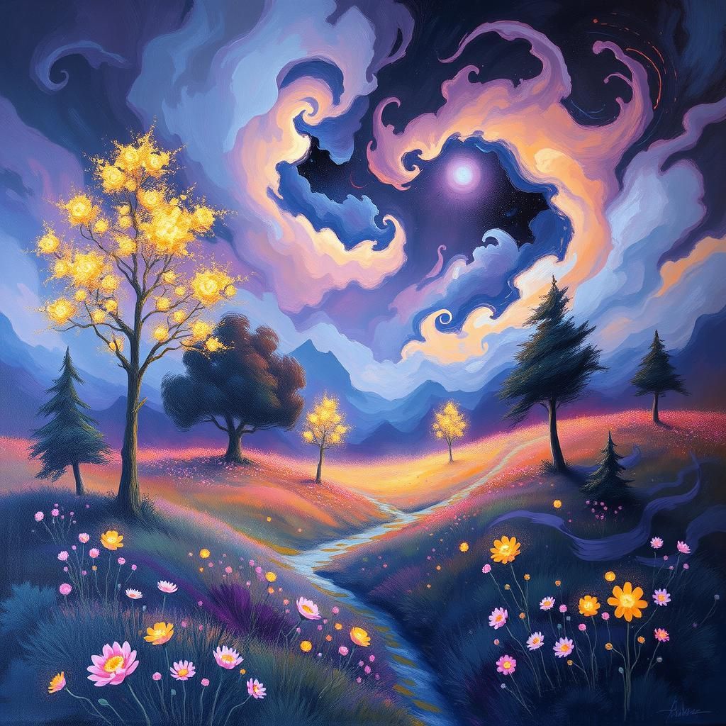 Dreamlike Landscape with Ethereal Trees and Iridescent Cloud...