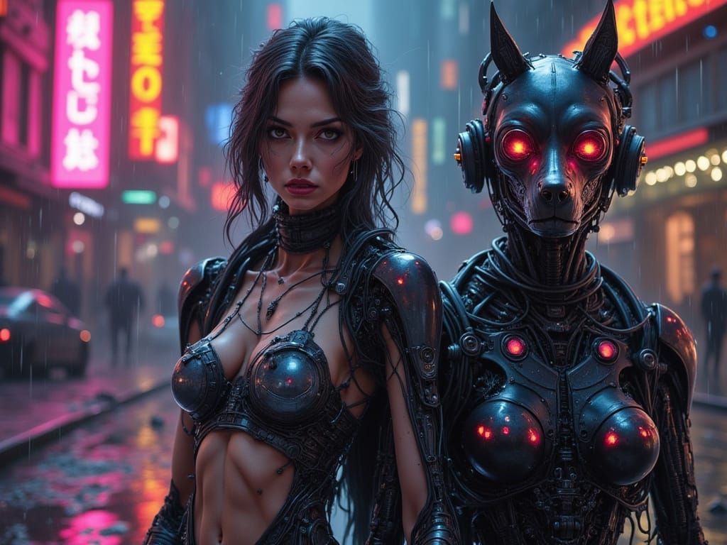 Cyborg Woman and Robotic Dog in Neon Rain