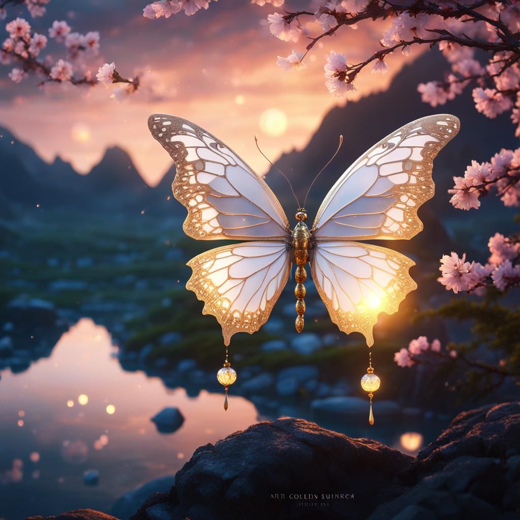 Glowing White Butterfly in Chinese Landscape