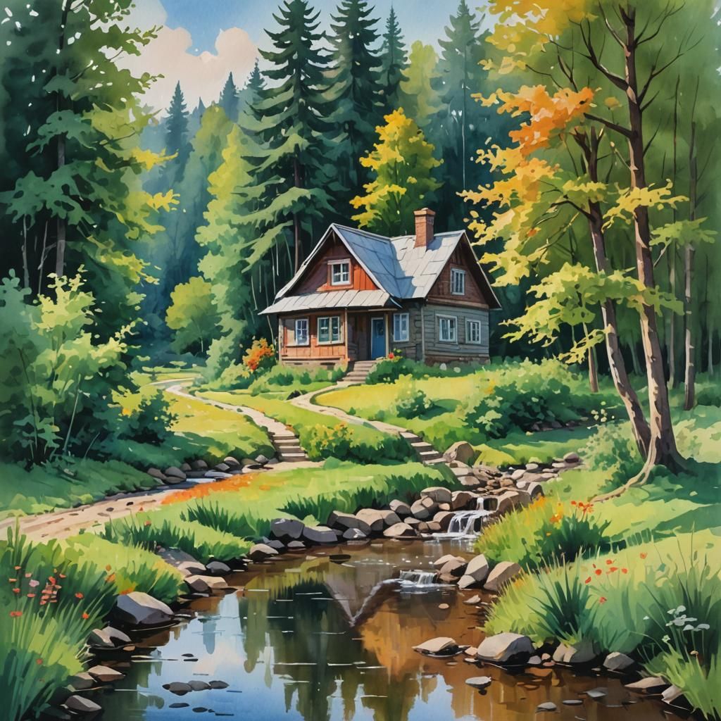 Small House by Stream in Gouache Style