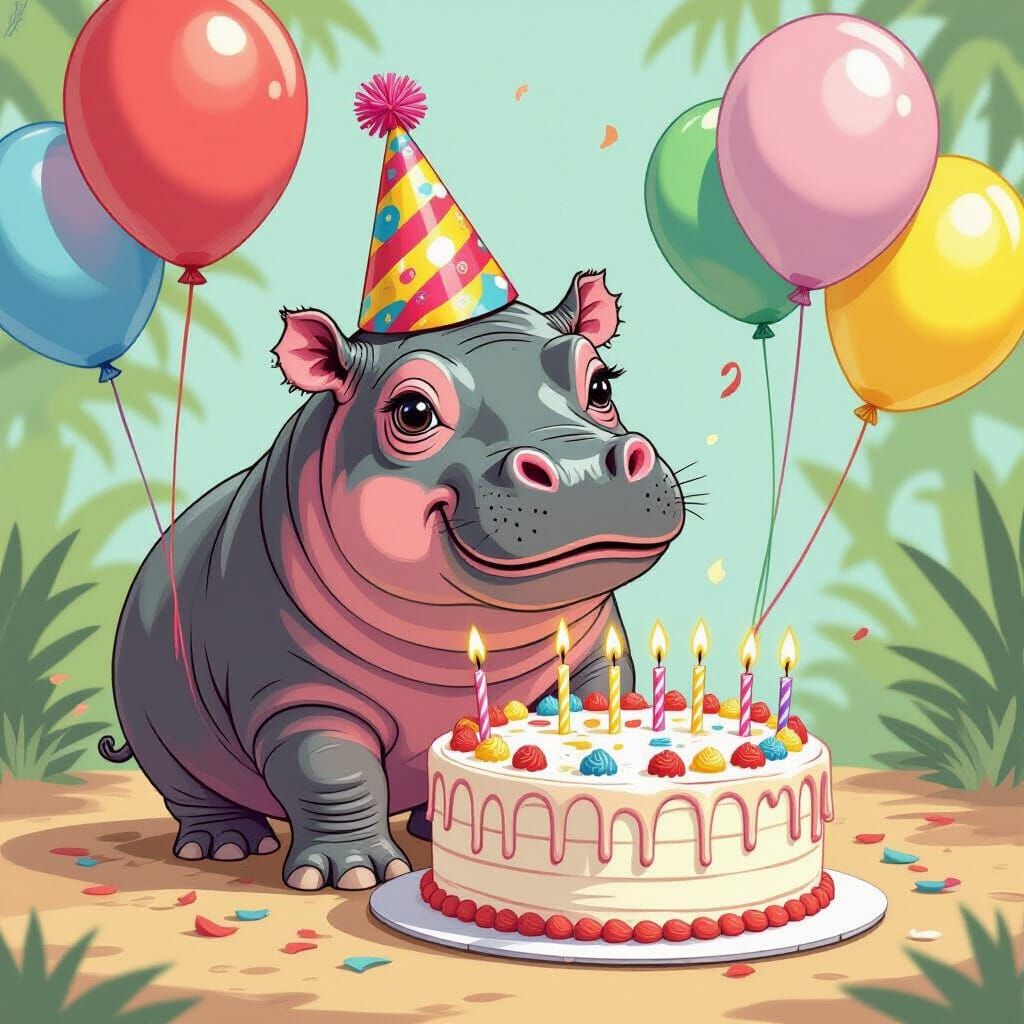 Pygmy Hippo's First Birthday in Comic Style