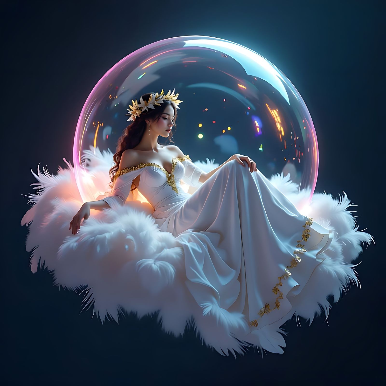 Majestic Goddess in Floating Bubble on Cloud