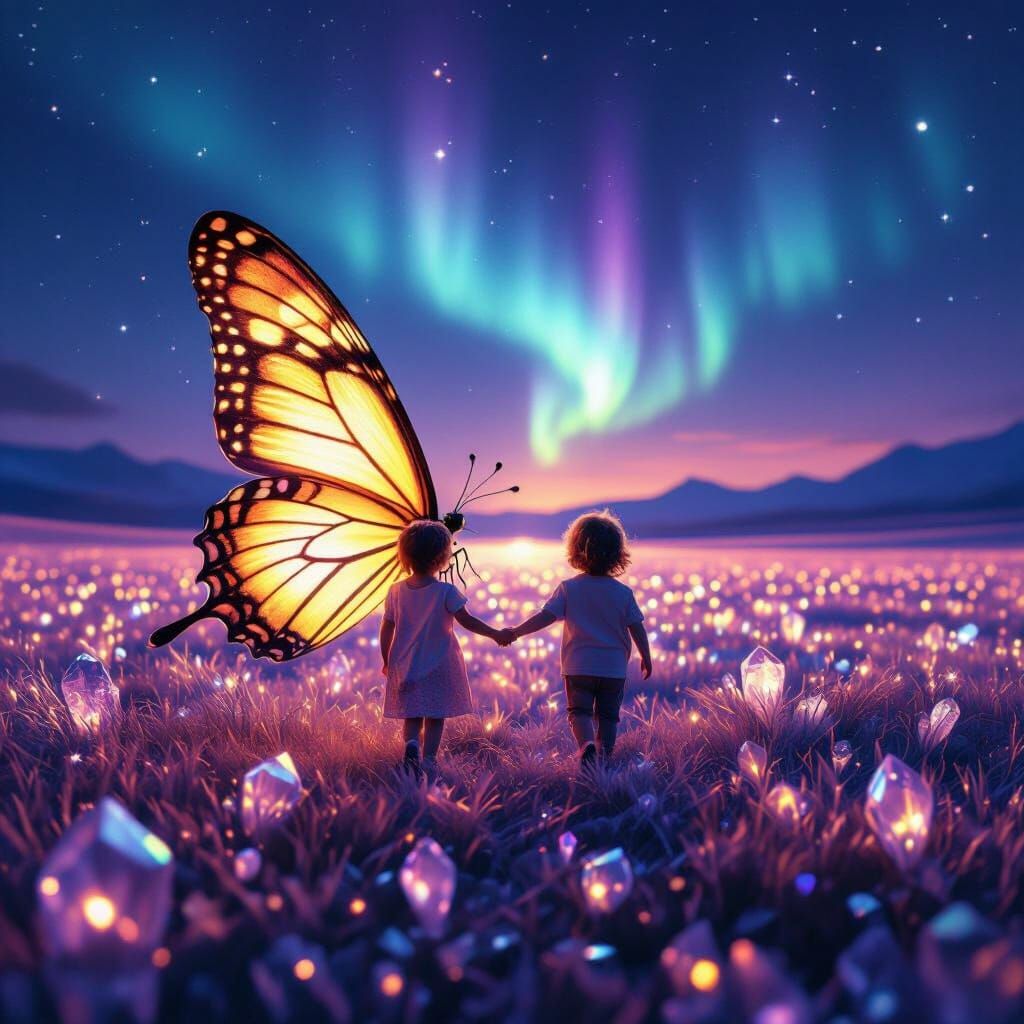 Child Walks Crystal Meadow With Giant Glowing Butterfly Unde...