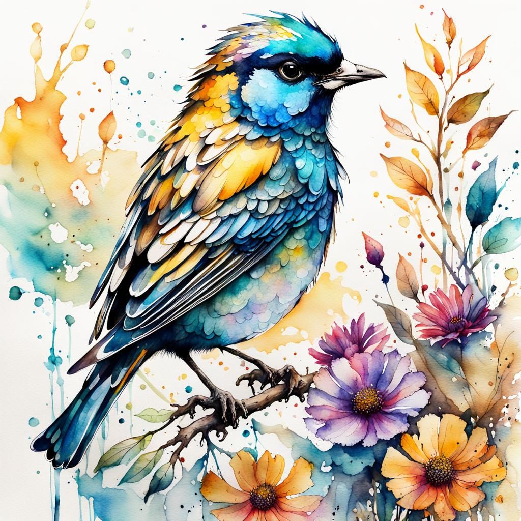 Watercolor Bird in Flowery Wonderland