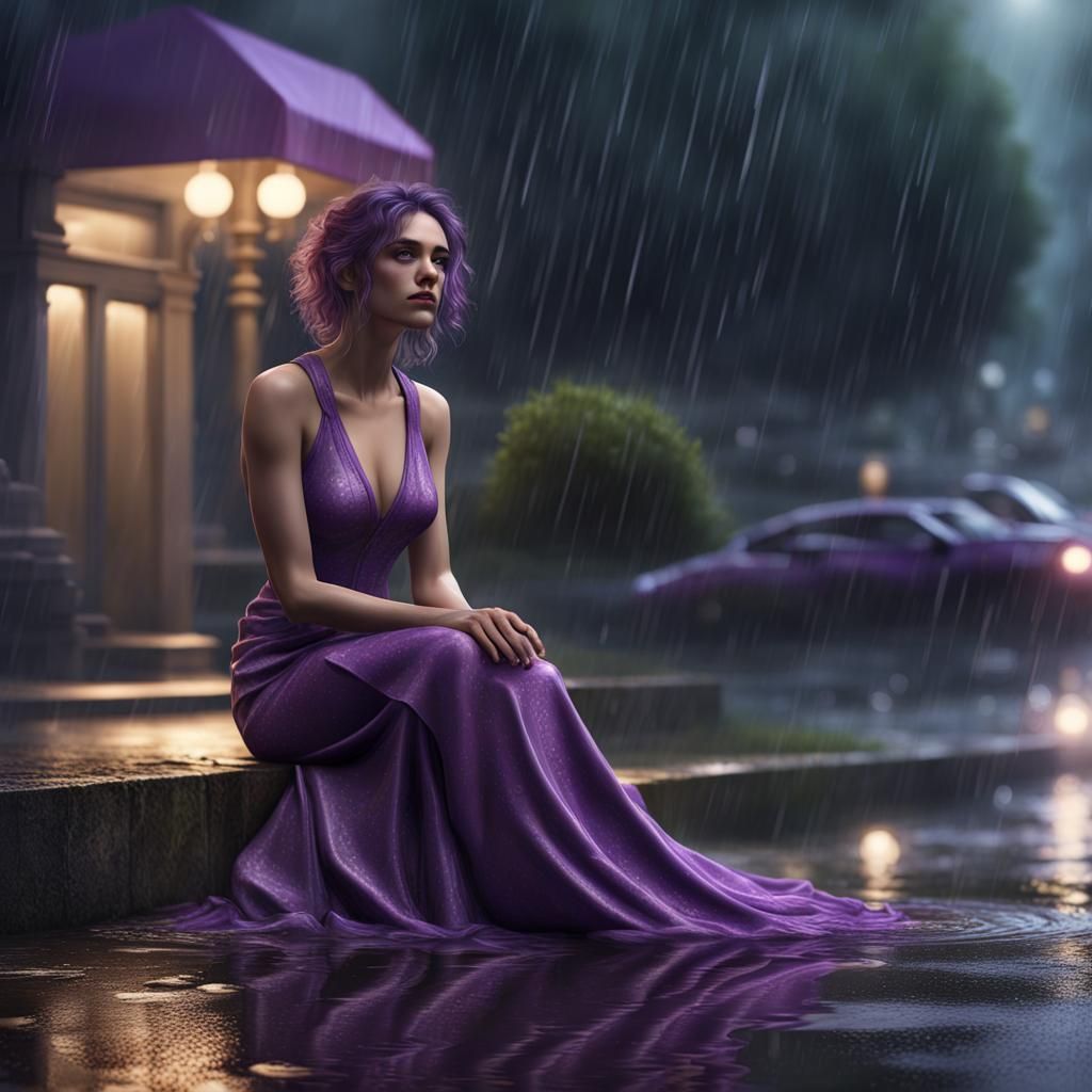 Sad Woman in Rain, Detailed Matte Painting