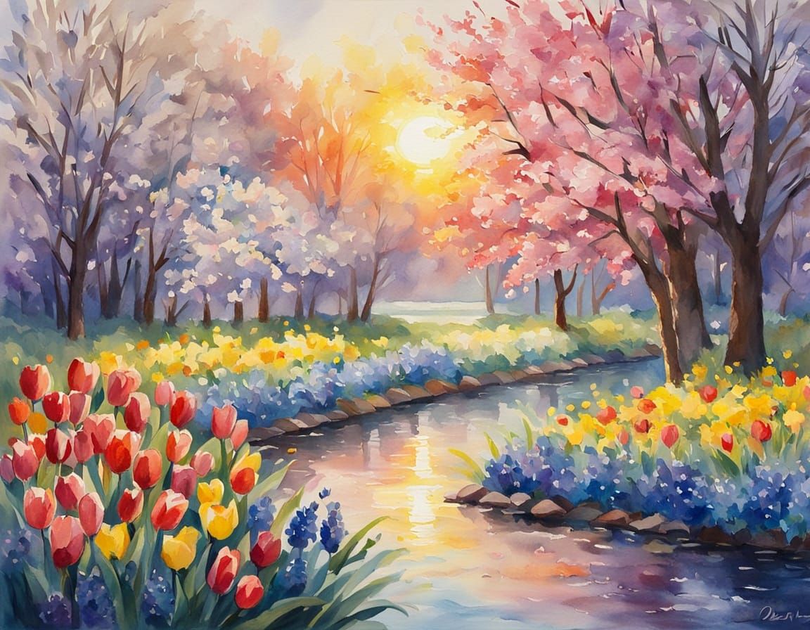 Vibrant Spring Landscape in Watercolor Style