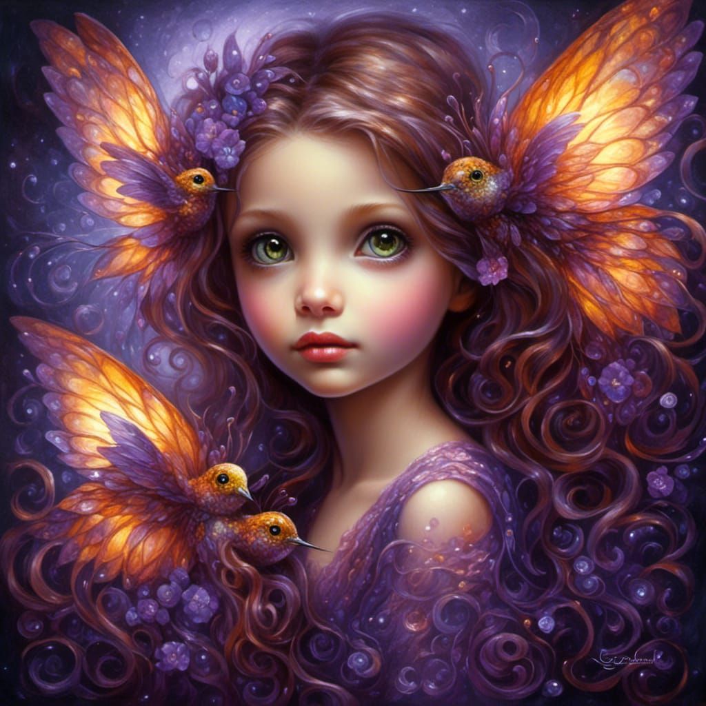 Prismatic Portrait of Young Woman with Hummingbird Nightscap...