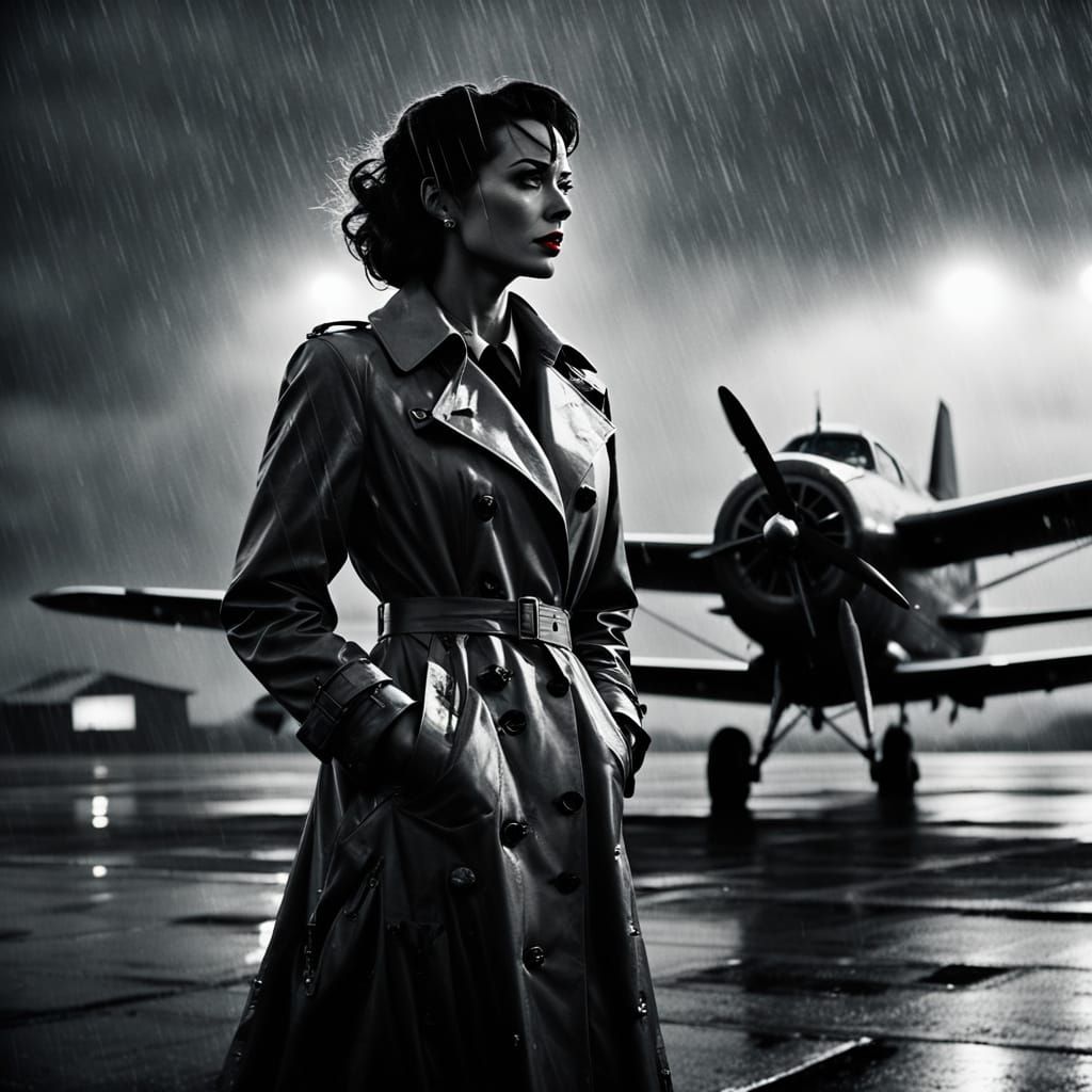 Film Noir Woman on Rainy Airfield