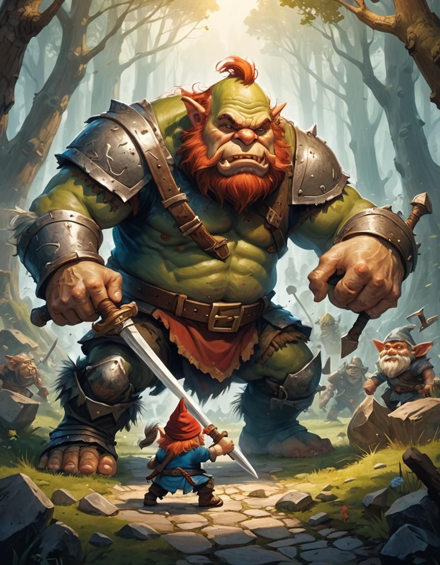 Gnome Versus Ogre in Storybook Illustration