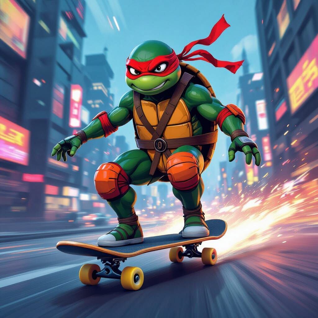 Ninja Turtle Skateboarder in a Stylized Cityscape