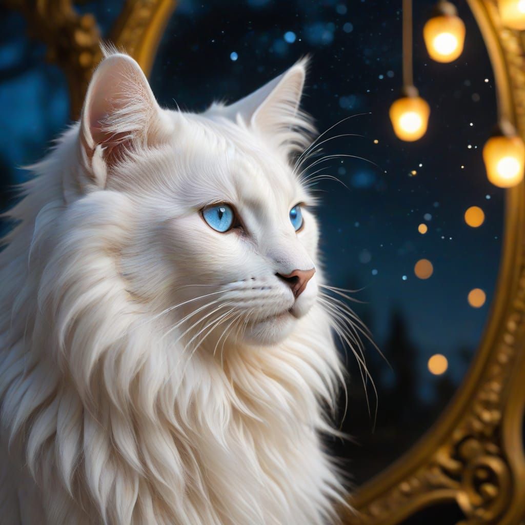 Cat and Lion Mirror Reflection Under Twilight Sky