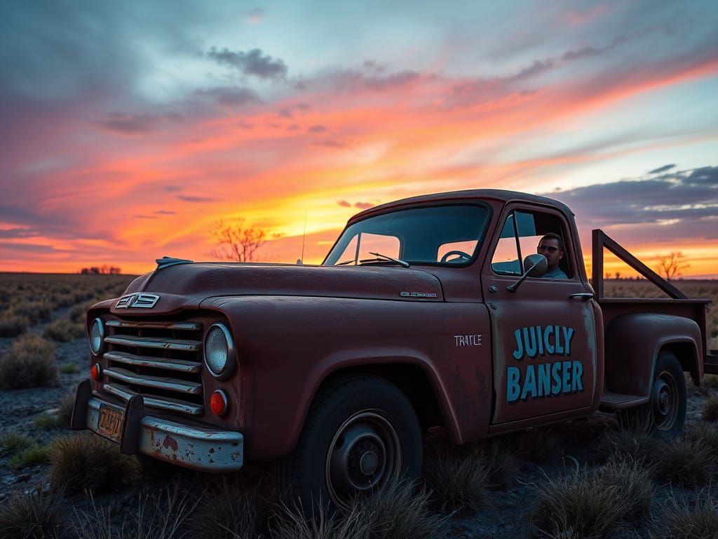 Fat nasty redneck drives the old rusty truck, close-up, sunset