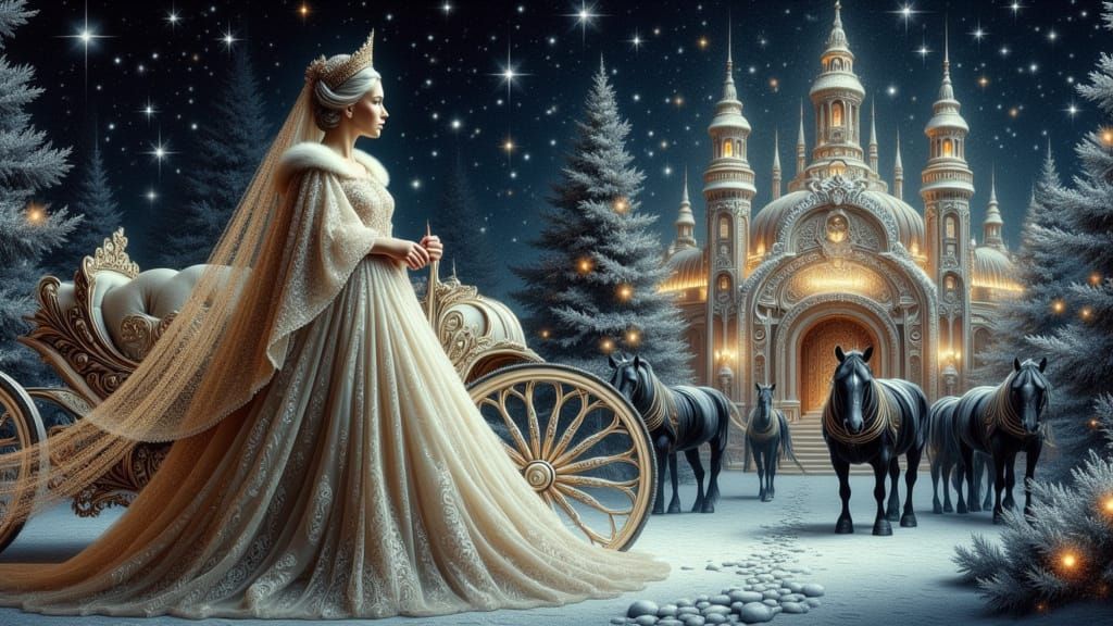 Regal Queen Emerges from Ornate Carriage in Winter Wonderlan...