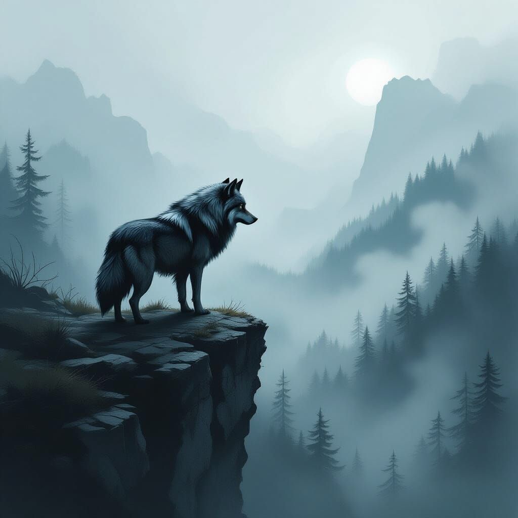 Ancient Wolf on Windswept Cliff in Misty Forest